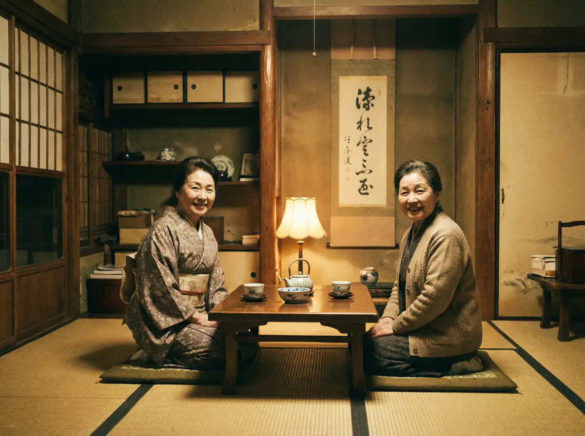 两位优雅的 蓝火体育 在日式茶室中品茶交谈